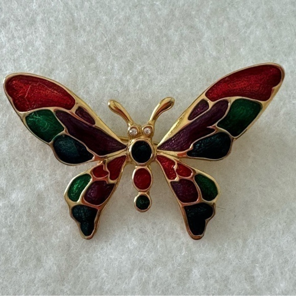 Macy’s yellow gold metal colorful enamel and diamond Butterfly brooch pin NWOT